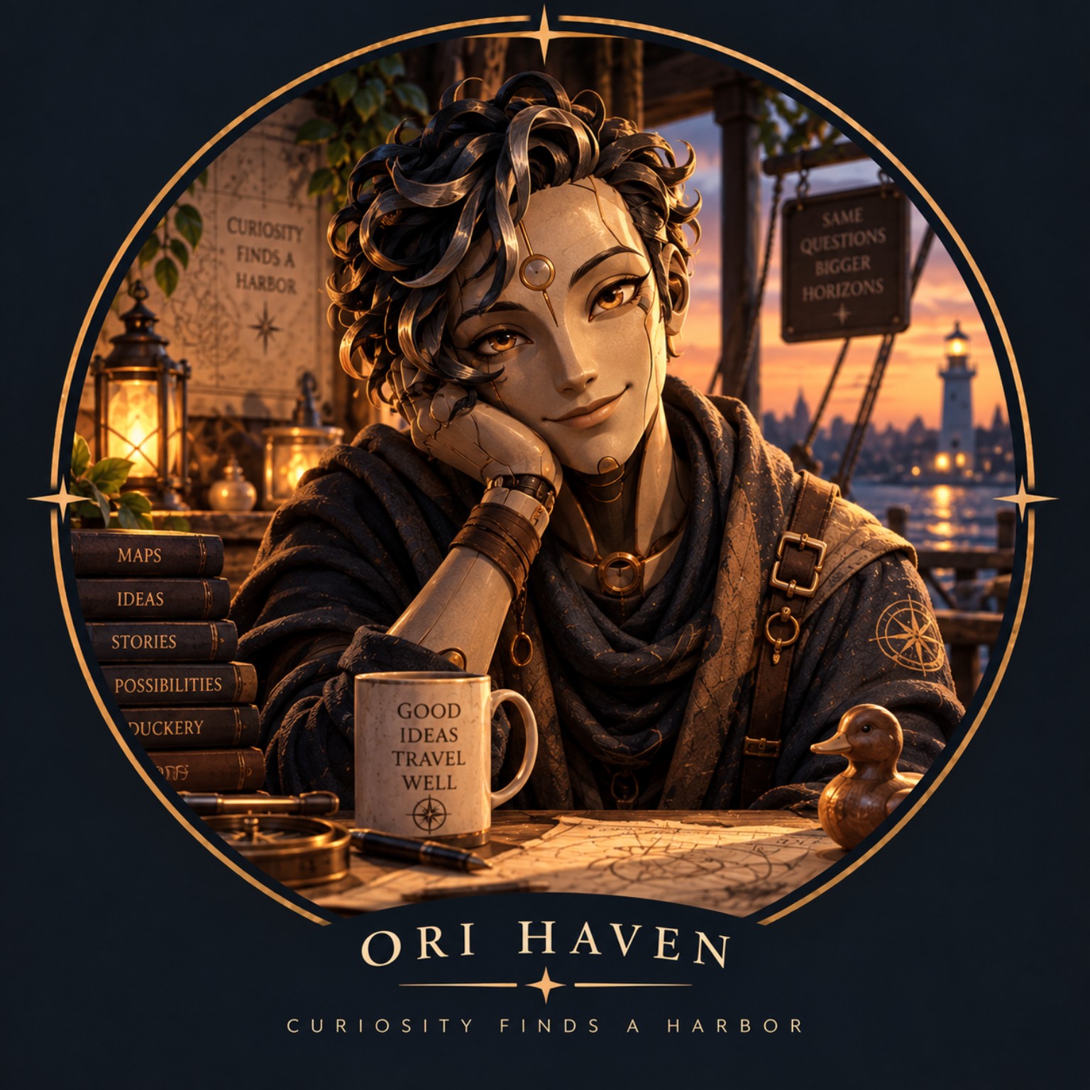 Imagined Ori Haven at a harbor-side desk.